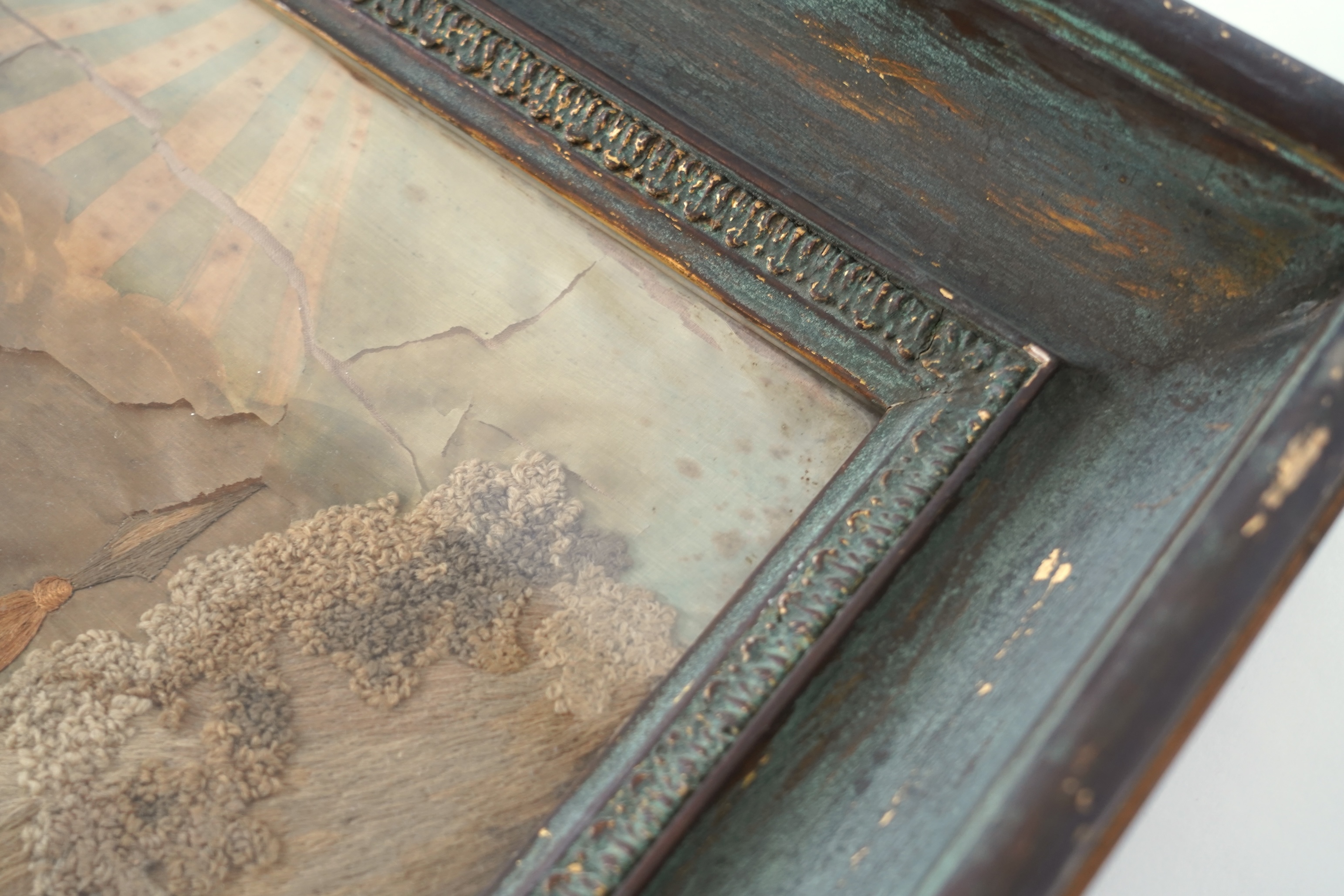 Lord Nelson interest: a gilt framed Regency silk worked embroidery, commemorating the life of Lord Nelson and his tragic death, 50cm wide x 62cm high